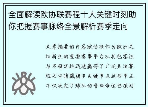 全面解读欧协联赛程十大关键时刻助你把握赛事脉络全景解析赛季走向